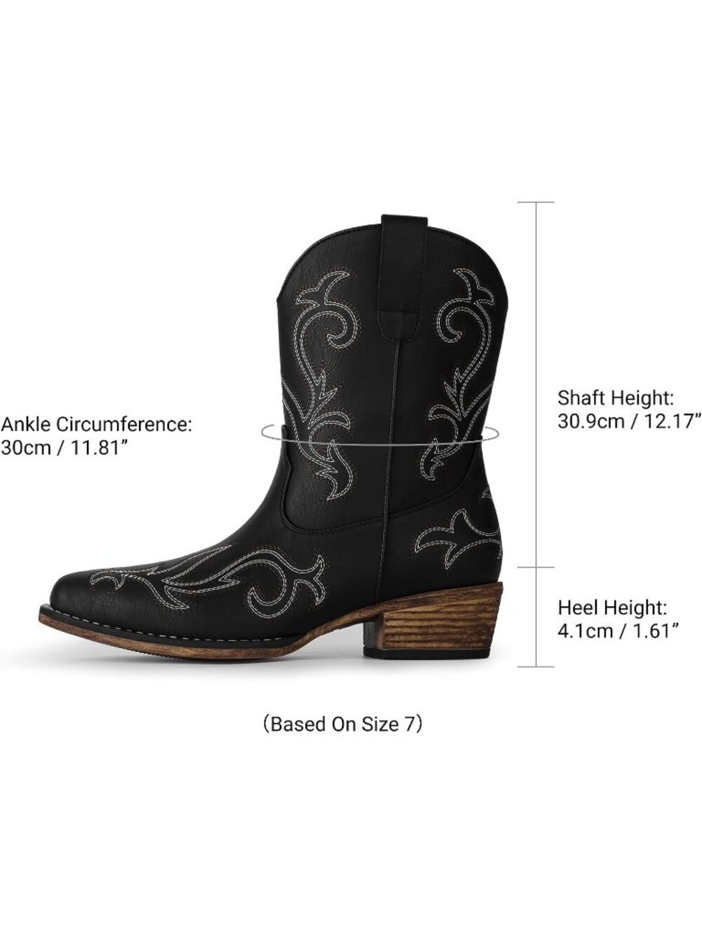 Women's Classic Black Square Toe Chunky Embroidered Western Boots with Zippers - Picture 5 of 6